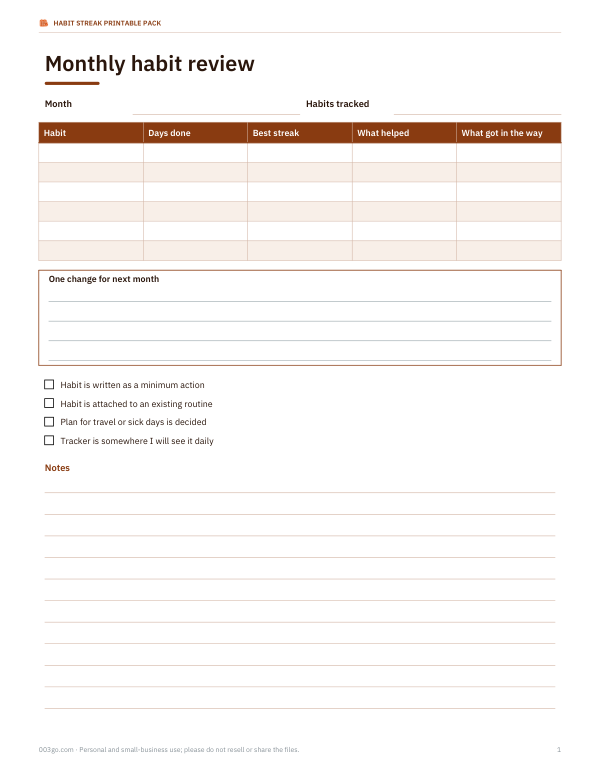 Preview of Printable Monthly Habit Review Sheet